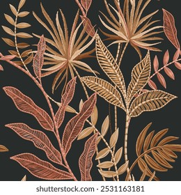 Tropical drawing. Imitation embroidery. Seamless pattern, lace pattern palm leaves.