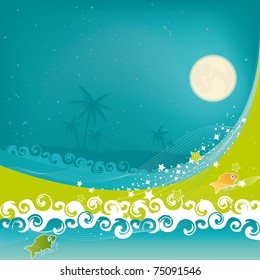 Tropical Dream. A tropical beach at night under starry sky and moonlight.