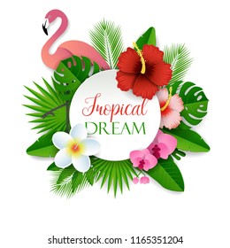 Tropical dream vector paper cut illustration with tropical flowers, palm leaves and pink flamingo. Tropical beach summer travel concept design element for poster banner etc.