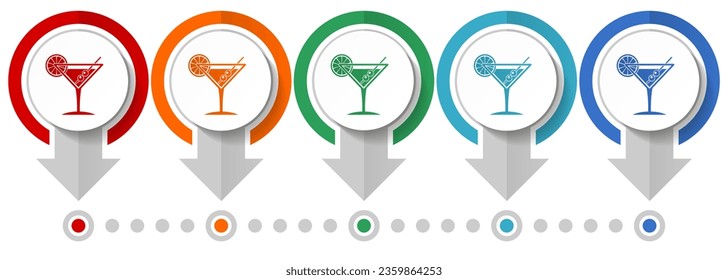 Tropical drink, alcohol, bar, martini in glass vector icon set, flat design infographic template, set pointer concept icons in 5 color options for webdesign and mobile applications