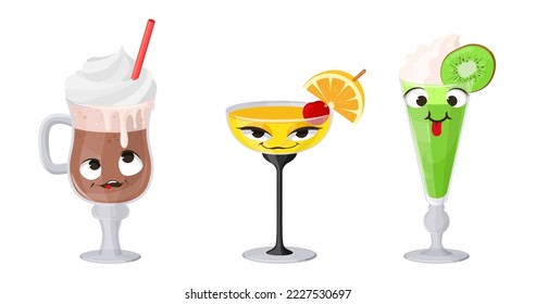 Tropical drink cocktail character flat vector set. Cute alcohol beverage character in glass icon isolated on white background. Funny happy face of alcoholic sweet liquid cartoon