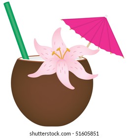 Tropical Drink In Coconut Shell Vector