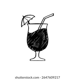 Tropical Drink Doodle Vector – Hand-Drawn Cocktail Glass with Umbrella Sketch