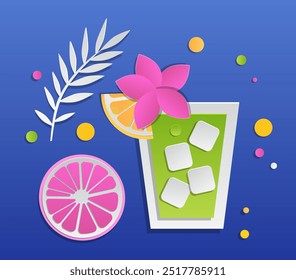 Tropical drink with ice cubes flower and citrus slice colorful dots on blue background paper cut style