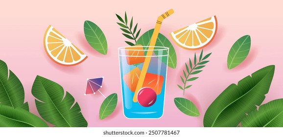 Tropical drink with ice cubes and straw surrounded by orange slices and green leaves on pink background. Summer refreshment concept