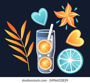 Tropical drink with orange slices palm leaf hearts citrus slice and flower on dark background