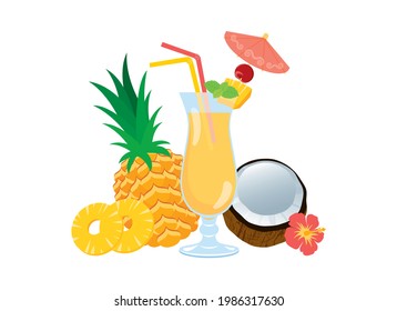 Tropical drink with pineapple and coconut fruit vector. Refreshing decorated cocktail vector. Tropical Pina Colada cocktail vector. Fancy fresh summer drink vector icon isolated on a white background