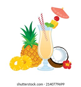 Tropical drink with pineapple and coconut fruit vector. Tropical Pina Colada cocktail with drink umbrella vector. Fresh summer drink vector icon isolated on a white background