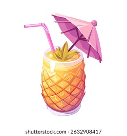 Tropical Drink in Pineapple Cup with Umbrella. Exotic Summer Cocktail in Pineapple Glass