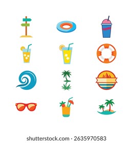 Tropical drinks summer badge beach sign lifebuoy and ocean wave icon with smooth elegant outlines Line Art Vector illustration