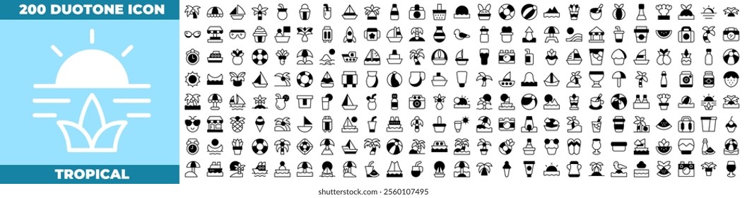 Tropical Duotone Editable Icons set. Vector illustration in modern thin duotone style of tropical icons: sea, cruise, island, etc