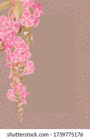 Tropical Duranta erecta flowers on pastel beige color background with hand drawn brush dots elements, blank summer flowers frame template design