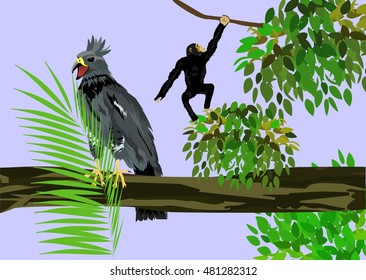 Tropical eagle sitting on tree and monkey hunging on tree branch on background, vector illustration