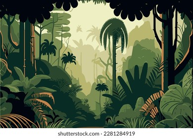 Tropical eco forest. Tropical forest horizontal panorama. Forest vector illustration.