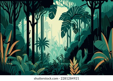 Tropical eco forest. Tropical forest horizontal panorama. Forest vector illustration.