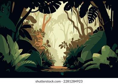 Tropical eco forest. Tropical forest horizontal panorama. Forest vector illustration.