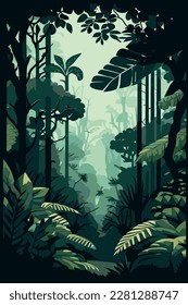 Tropical eco forest. Vertical panorama of the tropical forest. Forest vector illustration.