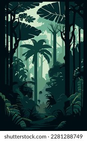 Tropical eco forest. Vertical panorama of the tropical forest. Forest vector illustration.