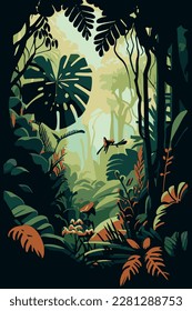 Tropical eco forest. Vertical panorama of the tropical forest. Forest vector illustration.