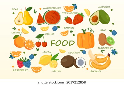 Tropical eco fruit and graphic design elements hand drawn. Healthy vegan food for breakfast. Trendy vegetarianism. Flat cartoon vector concept badges for web banner poster isolated on white background