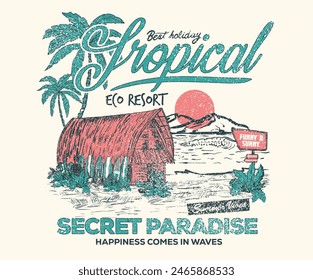 Tropical eco resort design for t shirt print, sticker, background and other uses. Summer vibes artwork. Surfing board sketch. Surfing club. Palm beach vibes artwork. Mountain artwork.