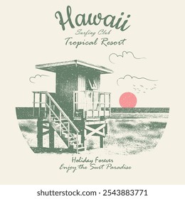 Diseño de resort ecológico tropical para impresión de camiseta, pegatina, fondo y otros usos. Obra de arte de vibraciones de verano. Obra de arte de vibraciones de Palm Beach. Diseño de impresión de camiseta vintage de Hawaii eco resort para gráfico de Vector,