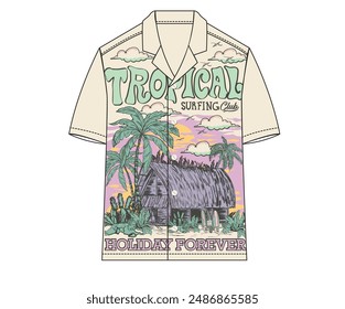 Tropical eco resort. Short sleeved resort shirt design. Tropical shirt drawing mockup template. Beach abstract art for fashion. Tropical island design for fashion.