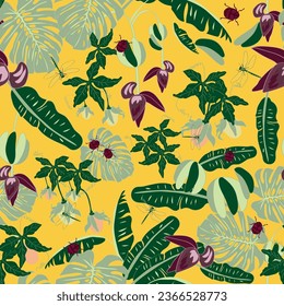 Tropical Eden banana insects seamless vector pattern 