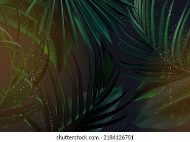 Tropical elegant background arranged from exotic emerald leaves. Design vector. Paradise plants, greenery chic card. Stylish fashion banner. Wedding template. Golden glitter art. Isolated and editable