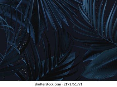 Fondo tropical elegante, dispuesto a partir de hojas exóticas de la marina. Vector de diseño. Tarjeta elegante azul de plantas paraísas. Banner elegante con brillo dorado. Plantilla de boda. Los elementos están aislados y se pueden editar