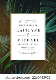 Tropical elegant background arranged from exotic emerald leaves. Design vector. Paradise plants, greenery chic card. Stylish fashion banner. Wedding template. Golden glitter art. Isolated and editable