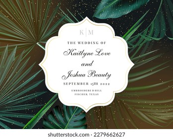 Tropical elegant background arranged from exotic emerald leaves. Design vector. Paradise plants, greenery chic card. Stylish fashion banner. Wedding template. Golden glitter art. Isolated and editable