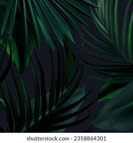 Tropical elegant background arranged from exotic emerald leaves. Design vector. Paradise plants, greenery chic card. Stylish fashion banner. Wedding template. Leaves are not cut. Isolated and editable