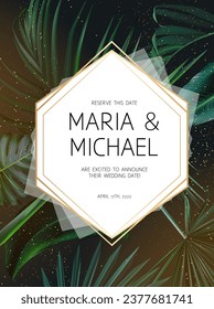 Tropical elegant background arranged from exotic emerald leaves. Design vector. Paradise plants, greenery chic card. Stylish fashion banner. Wedding template. Golden glitter art. Isolated and editable