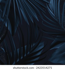 Tropical elegant background arranged from exotic navy leaves. Design vector. Paradise plants blue chic card. Stylish banner with gold glitter. Wedding template. Elements are isolated and editable