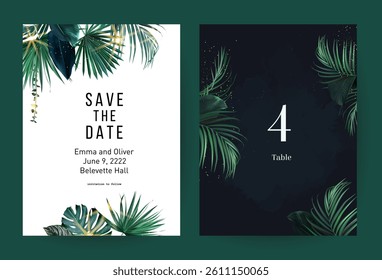 Tropical elegant background arranged from exotic emerald leaves. Design vector. Paradise plants, greenery chic card. Stylish fashion banner. Wedding template. Golden glitter art. Isolated and editable
