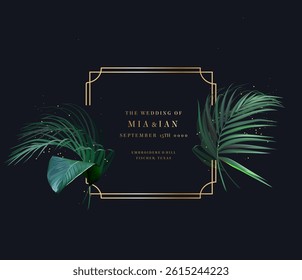 Tropical elegant background arranged from exotic emerald leaves. Design vector. Paradise plants, greenery chic card. Stylish fashion banner. Wedding template. Golden glitter art. Isolated and editable