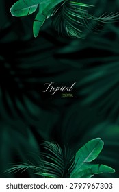 Tropical elegant background arranged from exotic emerald leaves. Design vector. Paradise plants, greenery chic card. Stylish fashion banner. Wedding template. Leaves are not cut. Isolated and editable