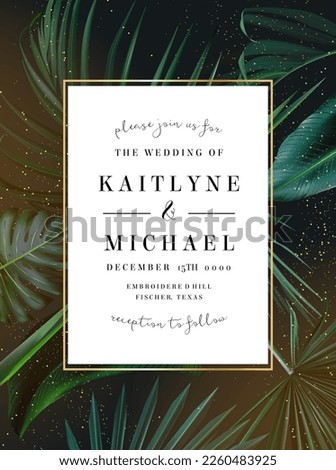 Tropical elegant background arranged from exotic emerald leaves. Design vector. Paradise plants, greenery chic card. Stylish fashion banner. Wedding template. Golden glitter art. Isolated and editable