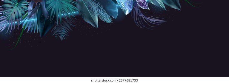 Tropical elegant banner arranged from exotic emerald leaves Design vector. Paradise plant, greenery chic card. Stylish fashion banner. Neon light template.All leaves are not cut. Isolated and editable