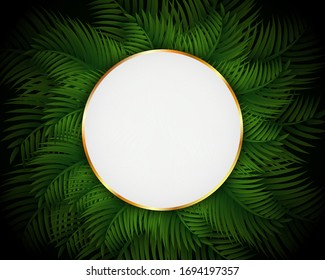 Diseño tropical y elegante. Círculo blanco vacío con marco dorado. Las palmeras adornan el fondo verde oscuro.