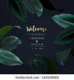 Tropical elegant frame arranged from exotic emerald leaves. Design vector. Paradise plants, greenery chic card. Stylish fashion banner. Wedding template. All leaves are not cut. Isolated and editable