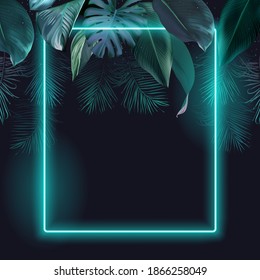 Tropical elegant frame arranged from exotic emerald leaves Design vector. Paradise plant, greenery chic card. Stylish fashion banner. Neon light template. All leaves are not cut. Isolated and editable