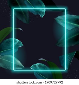 Tropical elegant frame arranged from exotic emerald leaves Design vector. Paradise plant, greenery chic card. Stylish fashion banner. Neon light template. All leaves are not cut. Isolated and editable