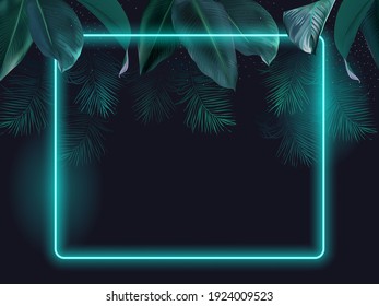 Tropical elegant frame arranged from exotic emerald leaves Design vector. Paradise plant, greenery chic card. Stylish fashion banner. Neon light template. All leaves are not cut. Isolated and editable