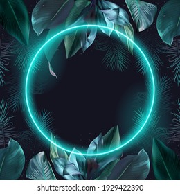 Tropical elegant frame arranged from exotic emerald leaves. Design vector. Paradise plant, greenery chic card. Stylish fashion banner. Neon light template. Round geometric frame. Isolated and editable