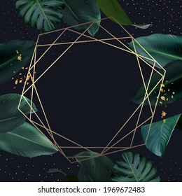 Tropical elegant frame arranged from exotic emerald leaves. Design vector. Paradise plants, greenery chic card. Stylish fashion banner. Wedding template. All leaves are not cut. Isolated and editable