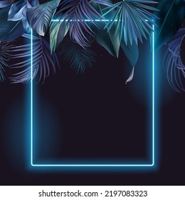 Tropical elegant frame arranged from exotic emerald leaves Design vector. Paradise plant, greenery chic card. Stylish fashion banner. Neon light template. All leaves are not cut. Isolated and editable