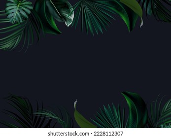 Tropical elegant frame arranged from exotic emerald leaves. Design vector. Paradise palms, greenery chic card. Stylish fashion banner. Wedding template. All leaves are not cut. Isolated and editable