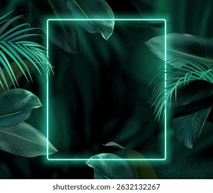 Quadro elegante tropical arranjado a partir de folhas de palma exóticas Design vetor. Planta do paraíso, cartão chique verde. Banner de moda elegante. Modelo de luz de néon. Nem todas as folhas são cortadas. Isolado e editável